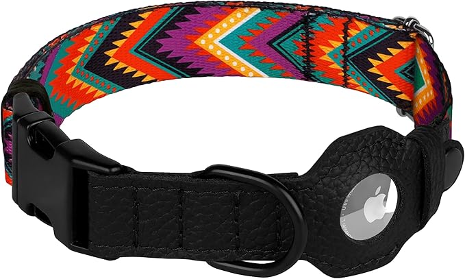 AirTag Dog Collar with Metal Buckle - Printed Nylon Soft Leather Dog Collar with Apple AirTag Holder - Secure Tracking GPS Pet Collars for Girl Boy Small Large Dogs (S, 12"-15" Neck Fit, Arrows)