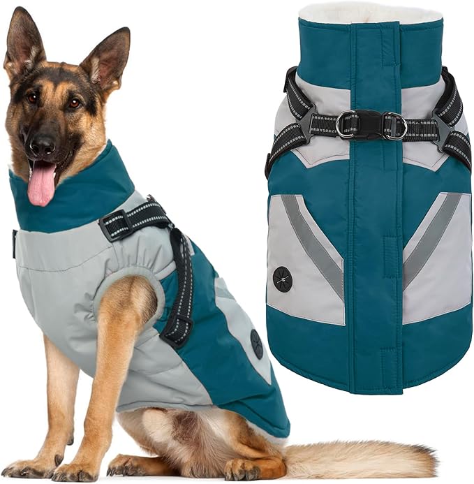 IECOii Large Dog Coat with Harness Built in Waterproof Windproof Dog Winter Coat, Fleece Lined Zip Snow Jacket for Dogs Thermal Outdoor Snowsuit Cold Weather Jackets Bulldog, Turquoise Green,L