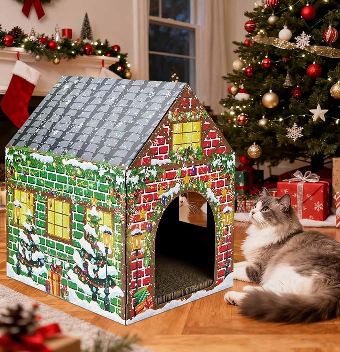 Christmas Cardboard Cat House with Scratch Pad Large Christmas Cat Scratching Playhouse Scratcher House for Indoor Xmas Cats Cardboard Cat Play Box (Red and Green)