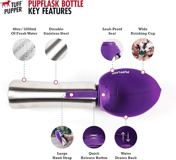 PupFlask Large Dog Water Bottle | 27 or 40 OZ Stainless Steel | Convenient Dog Drink Dispenser | Puppy Travel Water Bowl | Portable Pet Hydration Bottle | Leak Proof | Perfect Size For All Breeds