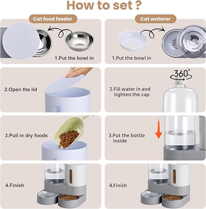 2 Pack Automatic Cat Feeder Stainless Steel Water Dispenser Gravity Food Feeder and Waterer Set with Pet Food Bowl for Small Medium Kitten Puppy Pets Large Capacity(Grey)