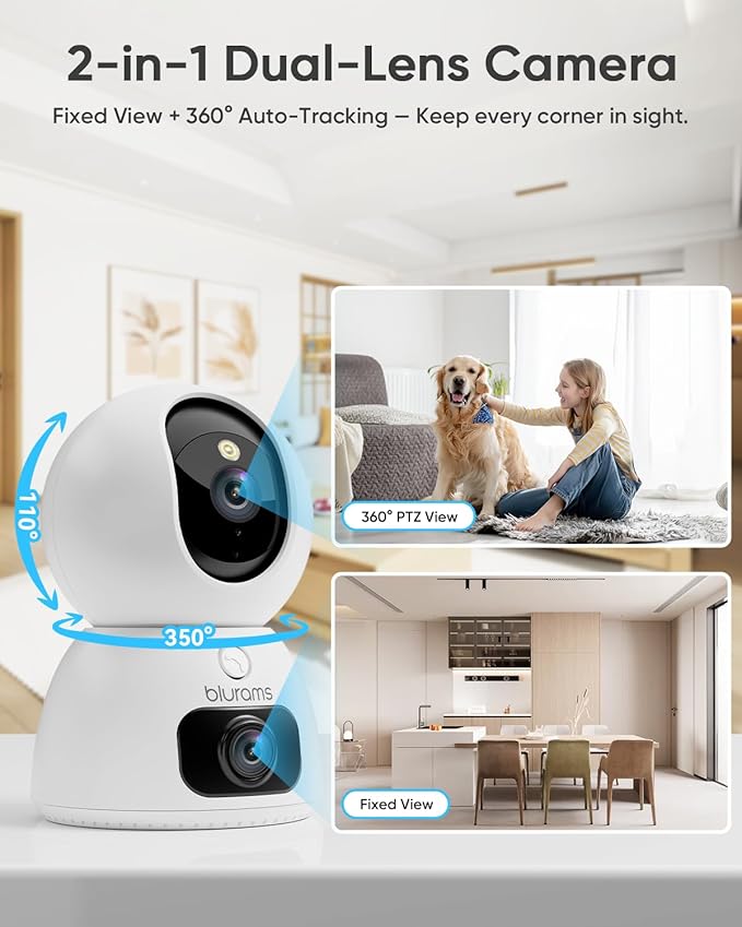 blurams 2K Dual-Lens Indoor Camera, 5G Pet Camera with Phone App, Split-Screen View, Free Human/Sound Detection, Motion Tracking, One-Touch Call, Night Vision, Dual-Band WiFi 6, Work with Alexa. 2Pack