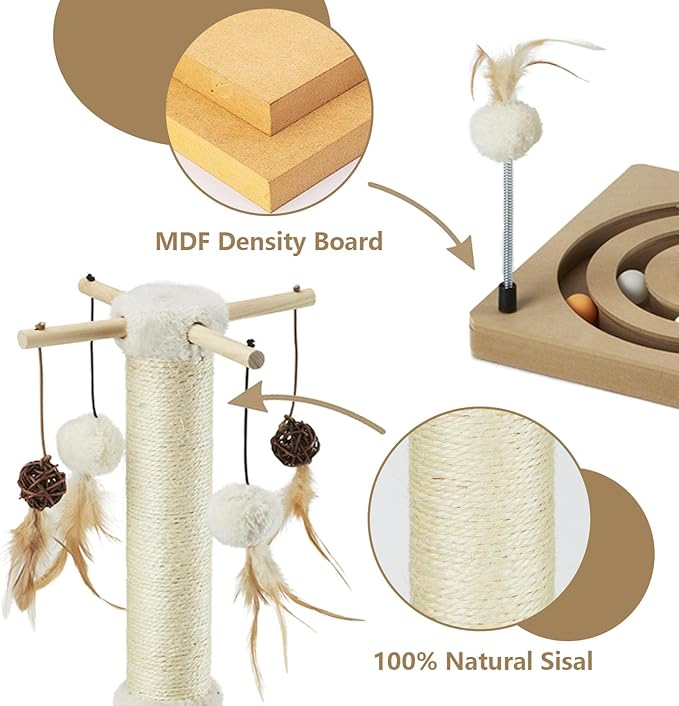 PEEKAB Cat Scratching Post Sisal Scratch Posts for Indoor Cats and Kittens with Tracking Ball Interactive Toys and Hanging Balls 25 Inches Beige
