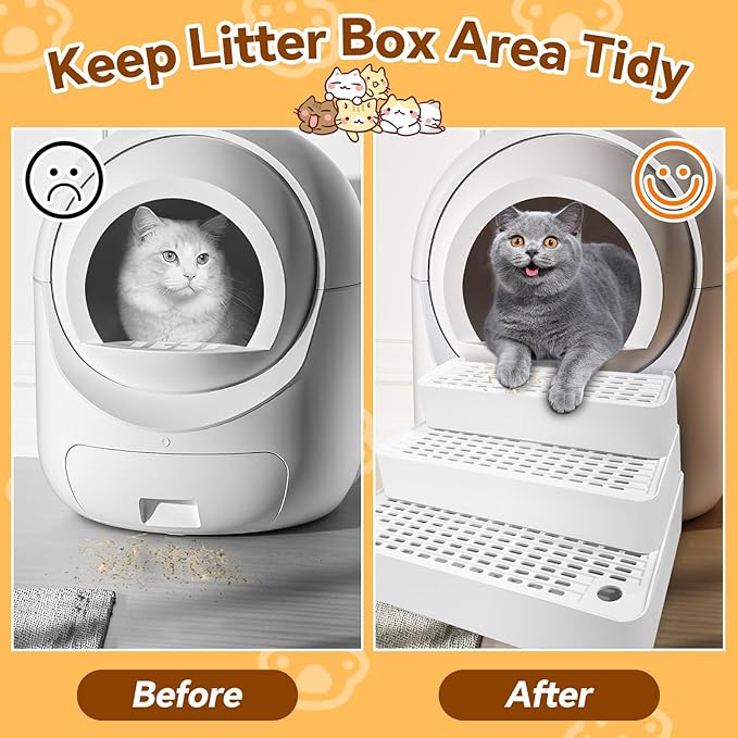 Adjustable 3 Steps Litter Box Ramp,Cat Litter Catcher, Cat Litter Box Step for Small & Elderly Cats,Easy to Clean,White