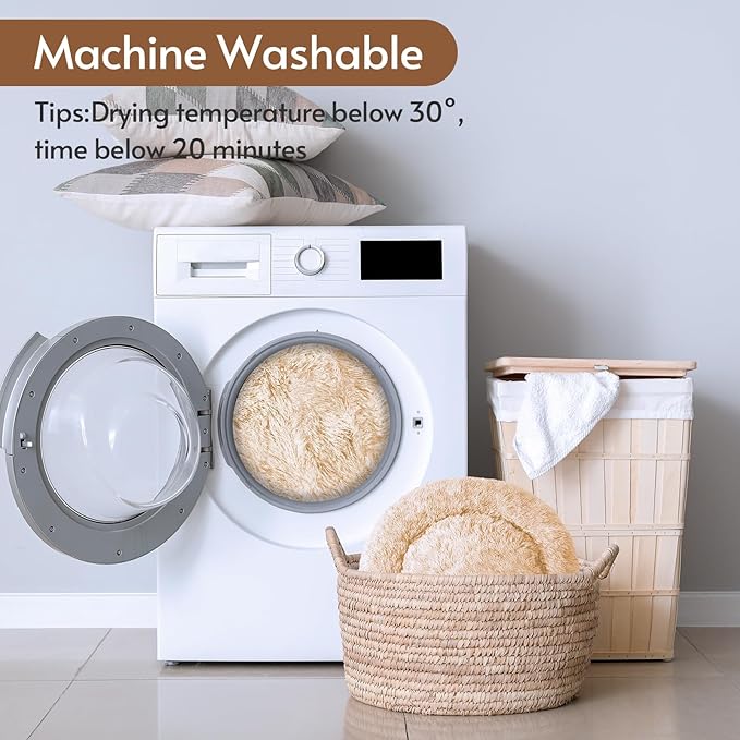 JOLLYVOGUE Calming Small Dog & Cat Bed for Indoor Cats - 20 inches Washable Donut Bed for Kittens & Puppies, Anti-Anxiety Round Fluffy Plush Pet Beds (Fits up to 15 lbs, Off White)