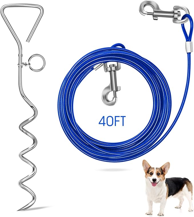 Dog Tie Out Cable and Stake, 40FT Outdoor Dog Leash for Yard Training, Running, Hiking,Camping,with 16 Inch Heavy Duty Dog Anchor Spiral Stake for Small to Medium Dogs(Blue)
