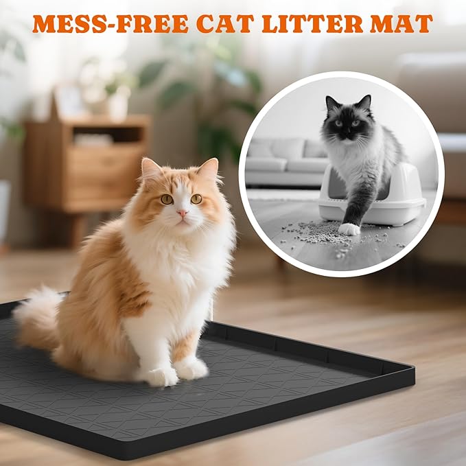 Cat Litter Mat, Large 34" x 22" Litter Box Mat, 2 Packs Cat Litter Box Mat, Non-Slip Kitty Litter Mat for Floor, Easy to Clean, Waterproof & Urine-Proof Cat Litter Mat Litter Trapping Mat, Black