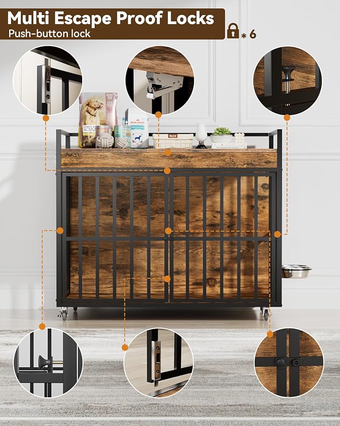 43 Inch Dog Crate Furniture, Heavy Duty Dog Kennel with 3 Doors, 2 Adjustable Bowls and Lockable Wheels, Wooden Dog House for Large Dogs, End Table Dog Cage, Rustic Brown