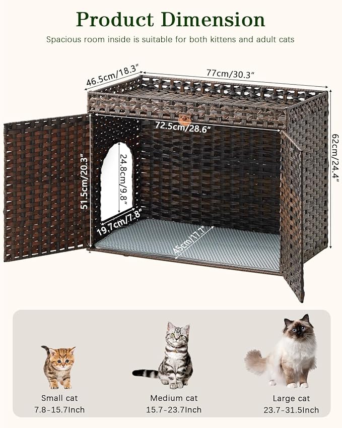 Cat Litter Box Enclosure Furniture, Handwoven Rattan Hidden Litter Box with Mat, Large Space Cat House with 2 S-Shaped Hooks, 30.3 x 18.3 x 24.4 Inches, Indoor for Living Room Apartment Brown