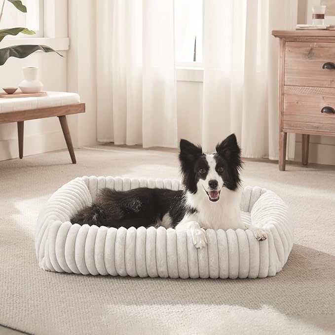 FURTIME Dog Bed for Small Medium Dog, Washable Orthopedic Pet Bed with Removable Cover, Rectangle Soft Calming Sleeping Puppy Bed Durable Pet Cuddler with Anti-Slip Bottom, Cream, M (25"x21"x7")