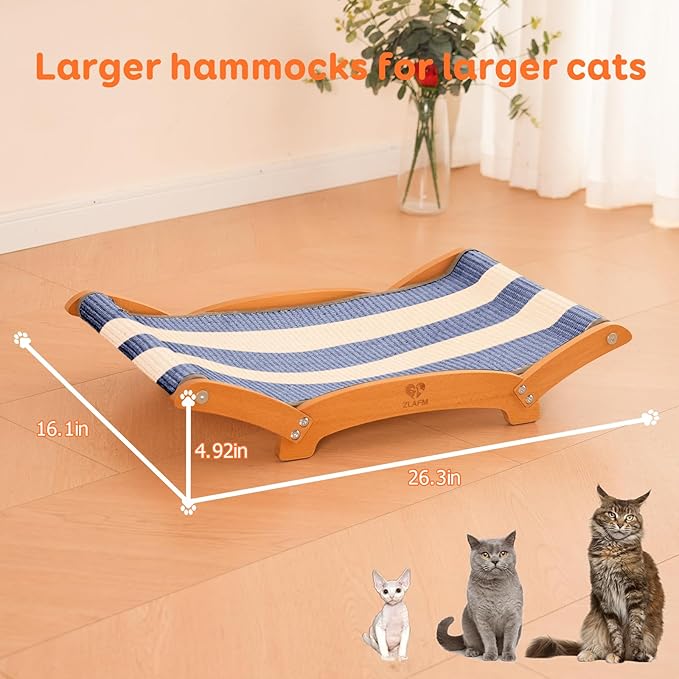 Extra-Larger Sisal Cat Scratcher Bed, Durable Cat Scratching Post with Hammock for Indoor Cats Lounger & Sleep & Scratch, Natural Sisal Cats Scratch Pad, Sturdy Solid Wood Frame (BeigeBlue)