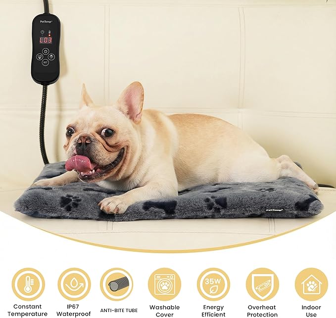 Pet Heating Pad for Cats Dogs, Heated Cat Dog Bed with 5 Temperature Levels, Timer, Auto Shut-Off, Thick Paw-Print Cover, Chew Resistant Cord for Indoor & Sheltered Outdoor Use (M: 20" x 16" x 1.3")