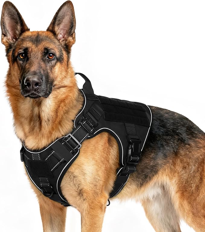 rabbitgoo Tactical Dog Harness for Large Dogs, No Pull Upgraded Reflective Heavy Duty Molle Vest with Handle, Adjustable Military Service Dog Vest for Walking Hiking Training, Black, XL