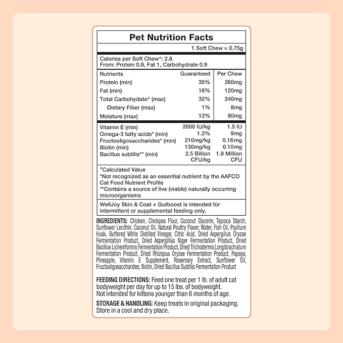 WellJoy Cat Treat Skin & Coat+ GutBoost | Nourishes Healthy Skin | Supports Shiny Coat | Dual-Benefit GutBoost Formulation | Vet Formulated | Made in USA | Real Shredded Chicken | 120 Soft Chews