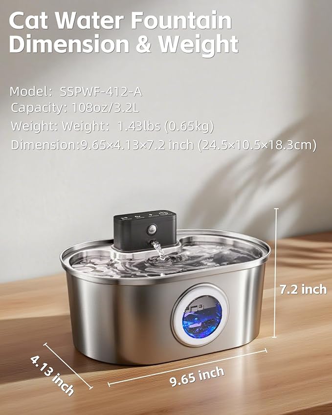 Cat Water Fountain Wireless - Stainless Steel 3.2L/108oz Cordless Pet Fountain - Battery Operated Automatic Water Dispenser for Cats Indoor, with Motion Sensor & Quiet Pump