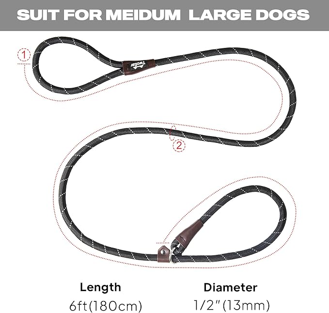 TwoEar Slip Leads for Dogs, 1/2" x 6FT Slip Leash for Large Dogs with Highly Reflective Threads, Comfortable Strong Rope Slip Leads, No Pull Pet Training Leash, Black