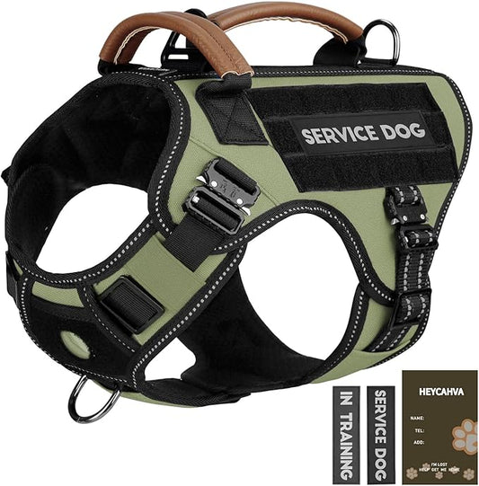 Service Dog Vest - HEYCAHVA Tactical Dog Harness Full Metal Buckles for Large Medium Dog Reflective No Pull Harnesses Vest with Leather Handle, Hook & Loop for Hiking Training(Green, XL)