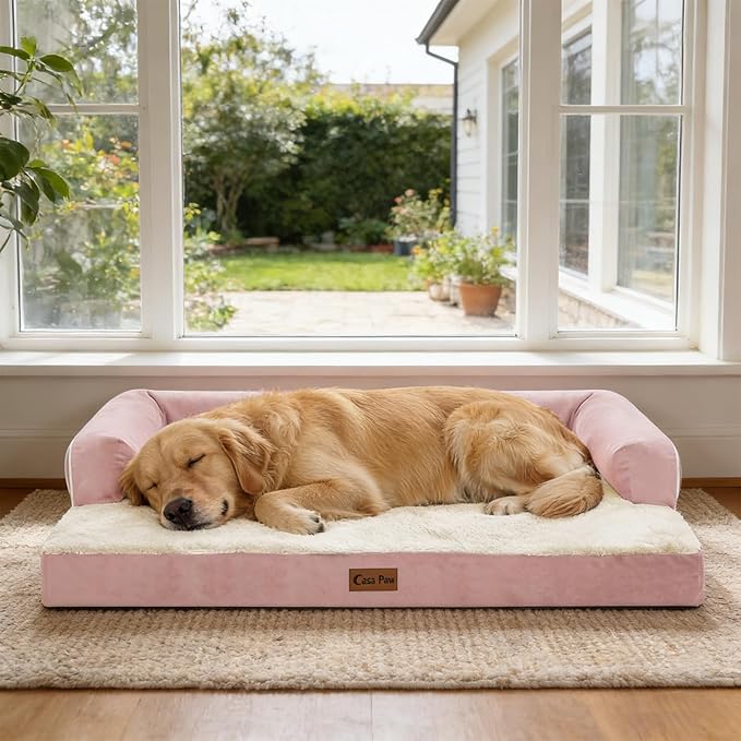 Orthopedic Dog Beds for Large Sized Dogs, Waterproof Egg Crate Foam Medium Dog Couch Beds for Crate 35x22Inch, Washable Pet Beds with Removable Cover and Nonskid Bottom, Pink