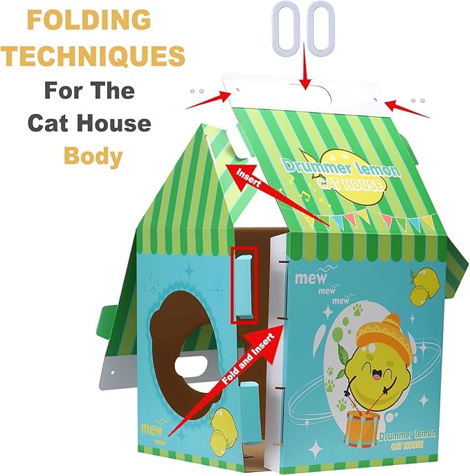 Cardboard Cat House with Scratcher – Blue Lemon Milk Carton Design, 22.5''H x 13''L x 13''W, Indoor Cat Playhouse & Hideout for Cats up to 16 lbs, Portable Handle, Corrugated Scratch Pad