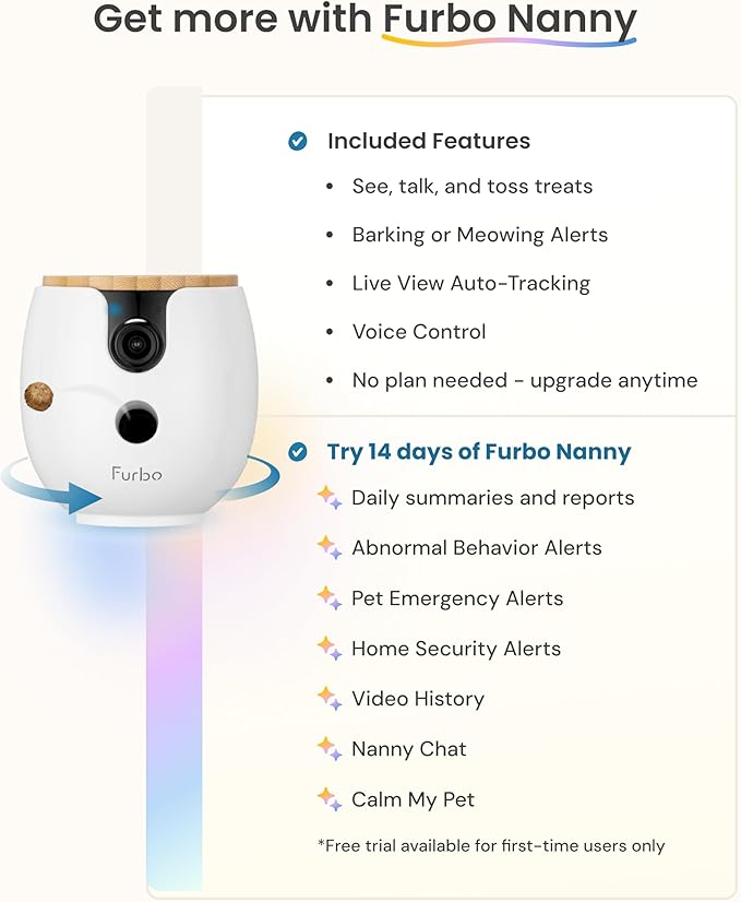 Furbo Mini 360° [New] 2K QHD Pet Camera: Dog & Cat Rotating Treat Dispenser w/Phone App, Smart Indoor Cam with 2-Way Speaker & Night Vision. No Subscription Needed. Standard See, Talk, & Toss Features