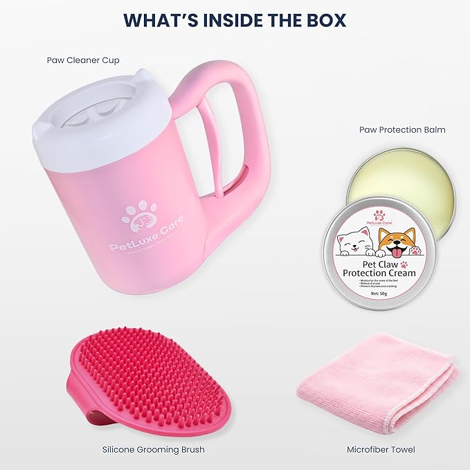 Dog Paw Washer Kit - Includes Paw Cleaner Cup, Towel, Pet Bath Brush & Moisturizing Balm - Dog Foot Washer for Muddy Paws, ideal for Small & Medium Dogs (Pink, Small)