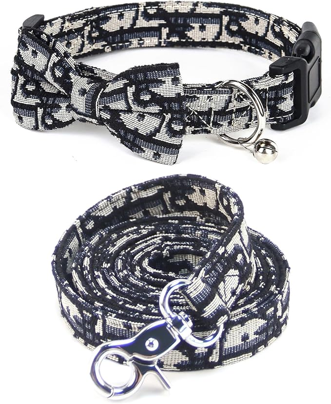 Bowtie Collars for Small Dogs, Elegant Puppy Collars with Leash Set, Tiny Dog Collars with Bowtie Adjustable 9.8"-13.8", Black, S