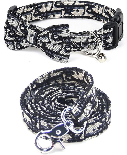 Bowtie Collars for Medium Dogs, Elegant Collars with Leash Set, Dog Collars with Bowtie Adjustable 13.8"-17.7", Black, M