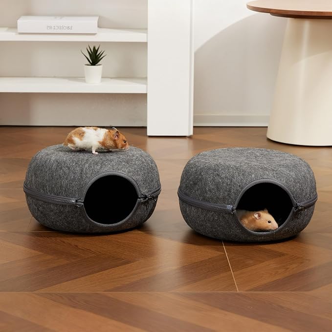 Guinea Pig Hideout 2 Pack, Double Function Guinea Pig Bed with 3 Soft Cushions, Small Animal Cage Accessories for Guinea Pigs, Hamsters, Hedgehogs, and Ferrets (Dark Grey & Dark Grey)