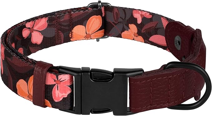 AirTag Dog Collar with Metal Buckle - Printed Nylon Soft Leather Dog Collar with Apple AirTag Holder - Secure Tracking GPS Pet Collars for Girl Boy Small Large Dogs (S, 12"-15" Neck Fit, Crossandra)