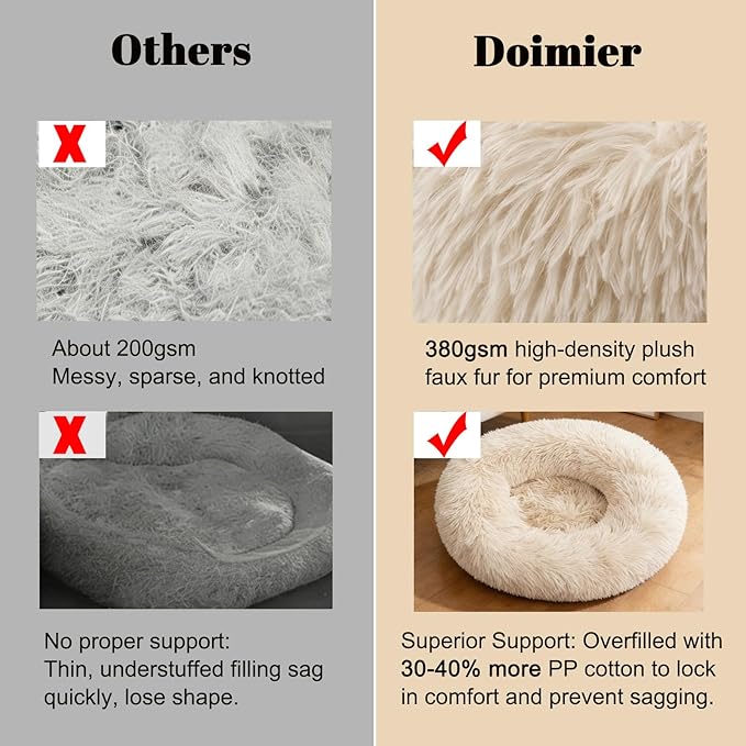 Calming Donut Dog Beds for Small Dogs Cats - Washable Removable Cover Non-Slip Bottom, Round Pet Bed Puppy Bed Warming Fluffy Faux Fur Anti-Anxiety, Fits up to 25 lbs (Beige, 23")
