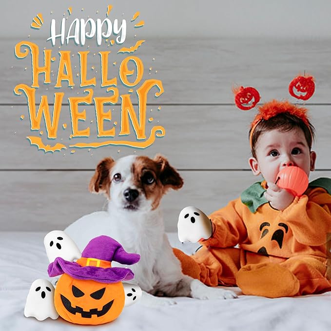 Halloween Dog Toys - Pumpkin & Ghosts Dog Halloween Toys, Squeaky Plush Dog Toy, Gifts for Small Medium Large Dogs, Hide and Seek Dog Toy