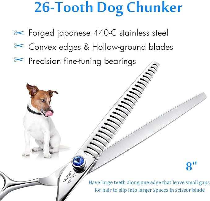 JASON 8" 26 Tooth Chunkers Shears for Dogs Ergonomic Cats Grooming Scissors Texturizing Blending Thinning Shear Pets Trimming Kit with Offset Handle Sharp Comfortable Scissor Christmas Gift