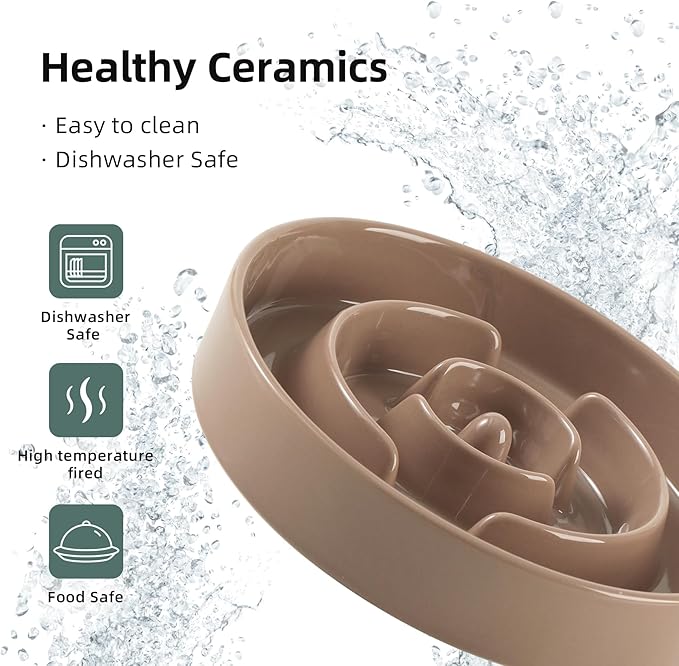 Ceramic 1.6 Cup Raised Slow Feeder Dog Bowl Set, Elevated Wooden Stand for Medium and Large Dog, 8.2inch Puzzle Slow Dish, Anti-Gulping(Brown Coffee, Single Bowl+ Stand)