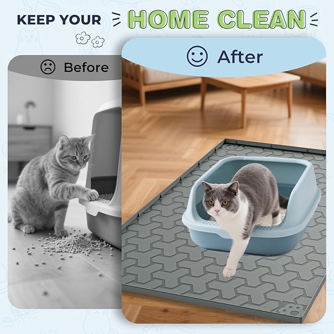 Silicone Cat Litter Mat for Litter Box - 34" X 22"Waterproof Urine - Proof Mat, Non - Slip Trapping Pad to Keep Floor Clean, Easy to Clean Cat Floor Mat（Deep Gray）