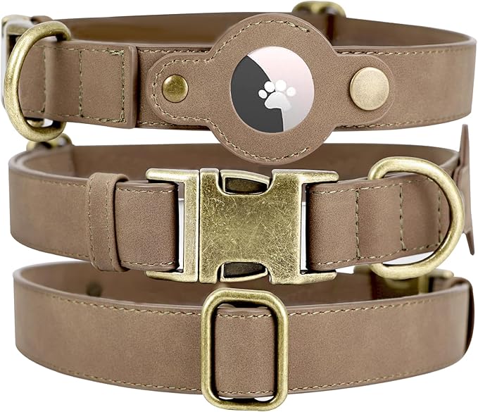 AirTag Dog Collar for Small Medium Large Dogs Puppy - Soft Leather Dog Collar with Apple AirTag Holder and Metal Buckle - Smart Tracker GPS Apple Air Tag Pet Collars (Brown, S)