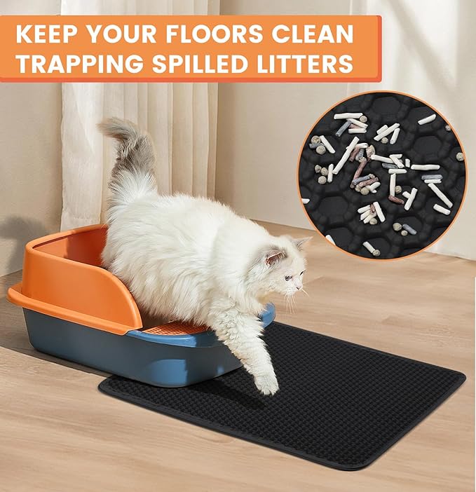 Cat Litter Mat, Litter Trapping Mat, 23.6” x15.7” Cat Mat for Litter Box, Cat Litter Mat Small, Honeycomb Double Layer Design, Waterproof & Urine Proof, Scatter Control, Non-Slip, Black, 1 Pack