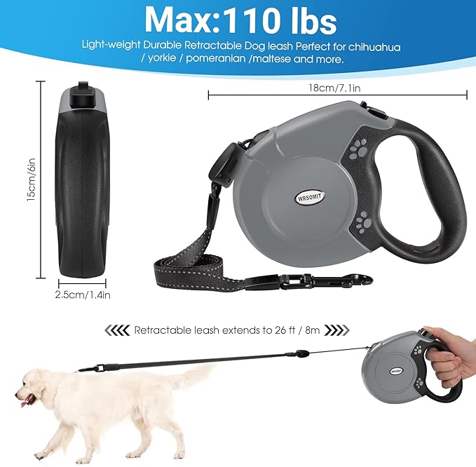 Retractable Dog Leash, 26 Ft Heavy Duty Pet Walking Leash for Small Medium Large Dogs up to 99lbs, Anti-Slip Handle, 360 ° No Tangle, Nylon Tape, One-Handed Brake (Grey)