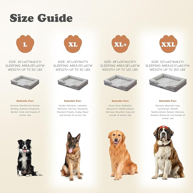 XXL Orthopedic Dog Beds Large Sized Dog - Washable Large Dog Cat Bed Waterproof, Comfort Dogs Couch Sofa with Washable Removable Cover, Pet Bed with Nonskid Bottom, Light Grey, 53"