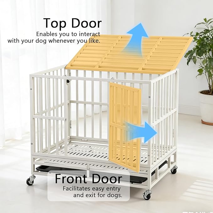 Escape-Proof Heavy Duty 38" Dog Crate, Indestructible Steel Kennel for Large & High-Anxiety Dogs with with Removable Tray, Double Door Design with 4 Wheels and Reinforced Baseplate
