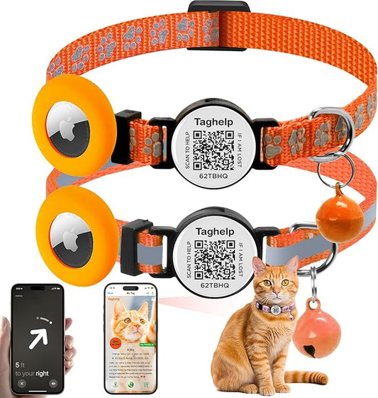 2 Pack Cat Collar Airtag Holder with Bells, Kitten with Apple Airtag Holder for Cats with Smart ID tag QR Code,Adjustable Reflective Cat Collar with Breakaway Buckle for Girl Boy Cats(Orange)