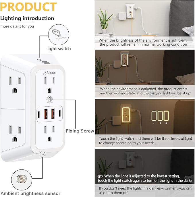 Wall Outlet Extender with Night Light, Power Plug Adapter Multi Plug Outlet Surge Protector with 4 USB Charging Ports (2 USB C), Adapter Spaced Outlets for Home Travel Office