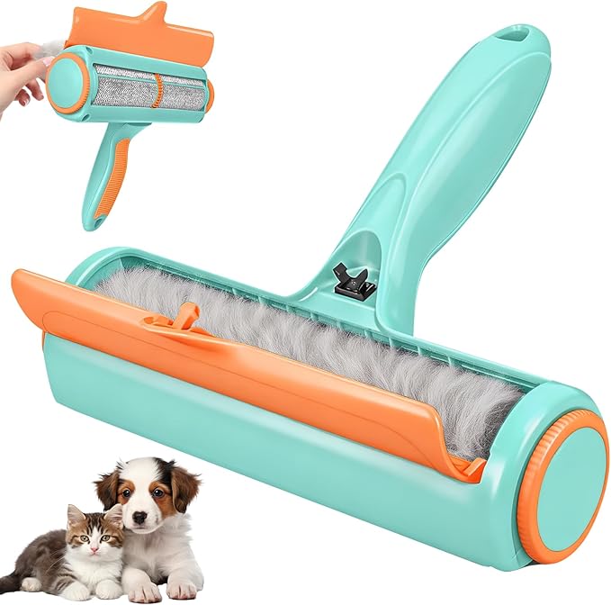 Pet Hair Removal Tool, Self Cleaning Pet Hair Remover, Reusable Lint Roller with Large Capacity Dust Bin, Ergonomic Grip for Furniture, Car Seats, Sofa, Carpet, Bed (Turquoise)