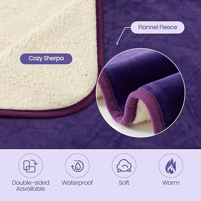 Waterproof Dog Blanket for Couch,Pee Proof Pet Blanket with 3-Layer Protection,Reversible Sherpa & Flannel Furniture Protector for Sofa Bed Car,Gifts for Cat Dog Lovers Christmas,60"x80",Purple