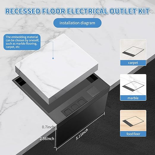 Vagueior Recessed Floor Electrical Outlet Kit,Flat Hidden Socket Kit,Hidden Duplex 15A Tamper-Resistant Receptacle Outlet and 2.1A USB Port，Waterproof Electrical Outlet Covcer Box,Black