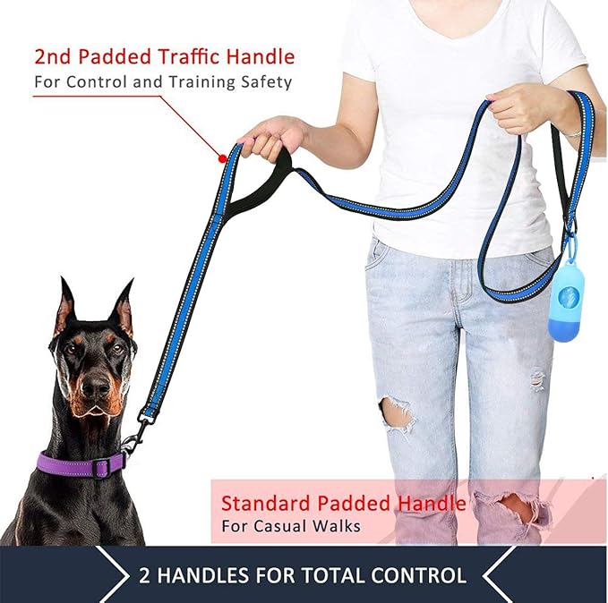 JSXD Heavy Duty Double Handle Dog Leash - 5 FT with Comfortable Padded and Reflective Rope, Suitable for Small, Medium, Large Dogs (Wide-Blue)