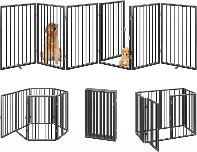 Vantas Folding No-Assembly Metal Pet Gate 120" Wide, 32" Extra Tall Dog Gate with Door Walk Through, Freestanding Accordion Puppy Gate Dog Door for Indoor & Outdoor, with 2PCS Support - Black