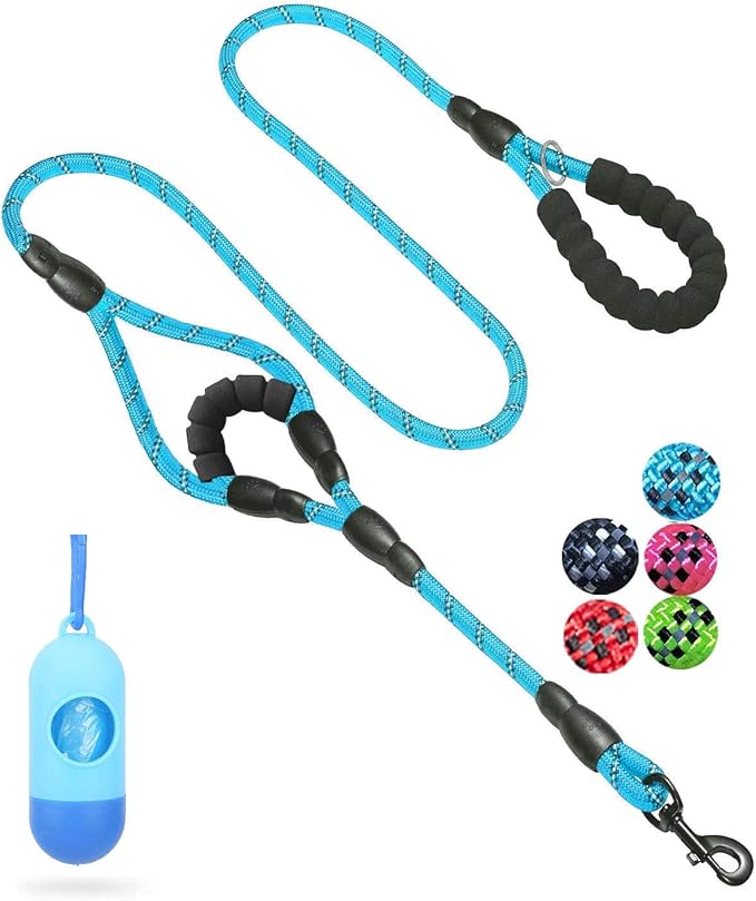 JSXD Heavy Duty Double Handle Dog Leash - 5 FT, Padded & Reflective, Rope for Small to Large Dogs (Blue)