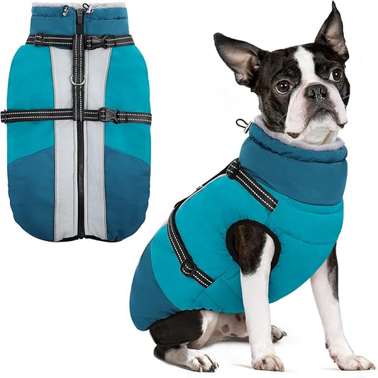 SUNFURA Dog Winter Coat, Warm Dog Coat with Harness for Medium Dogs Boys Girls, Reflective Fleece Lined Pet Winter Jacket Snowsuit for Pug, Jack Russel, Schnauzer, Turquoise M