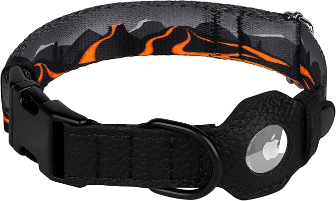 AirTag Dog Collar with Metal Buckle - Printed Nylon Soft Leather Dog Collar with Apple AirTag Holder - Secure Tracking GPS Pet Collars for Girl Boy Small Large Dogs (S, 12"-15" Neck Fit, Hawaii)