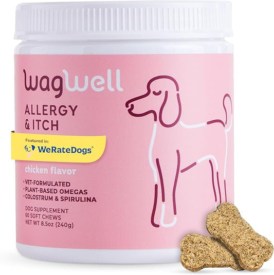 WagWell Allergy & Itch Chews – Vet-Formulated, All Natural, Made in The USA – Plant-Based Dog Allergy Chews with Colostrum and Spirulina – Supports Dog Allergy Relief and Digestive Health, 60 Chews